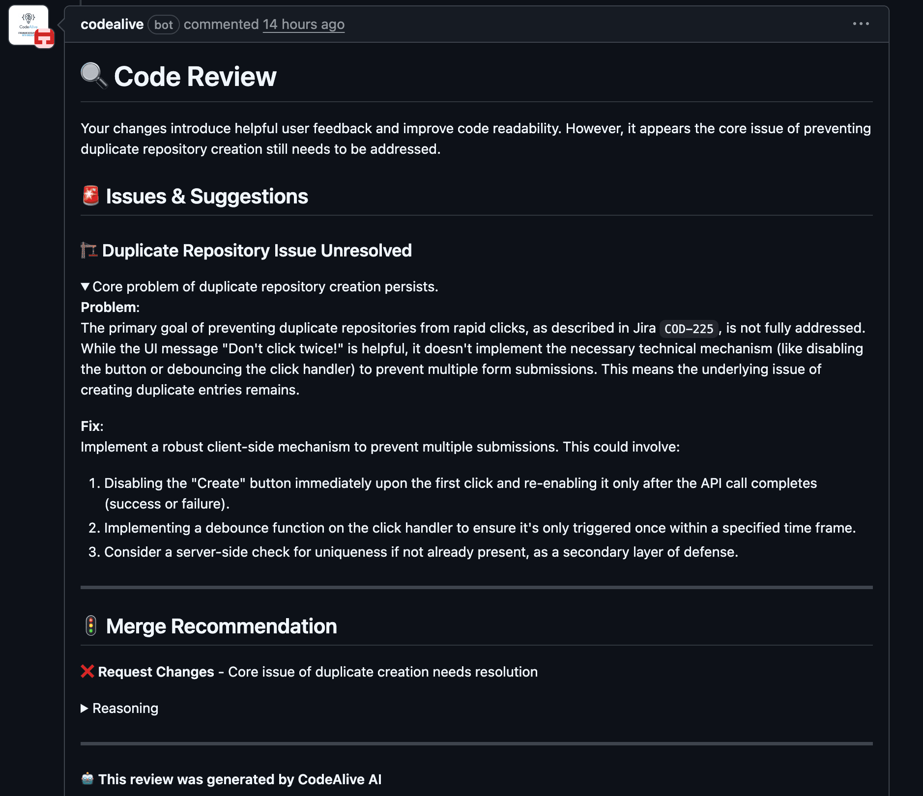 Duplication detection alert showing an existing similar implementation in the codebase